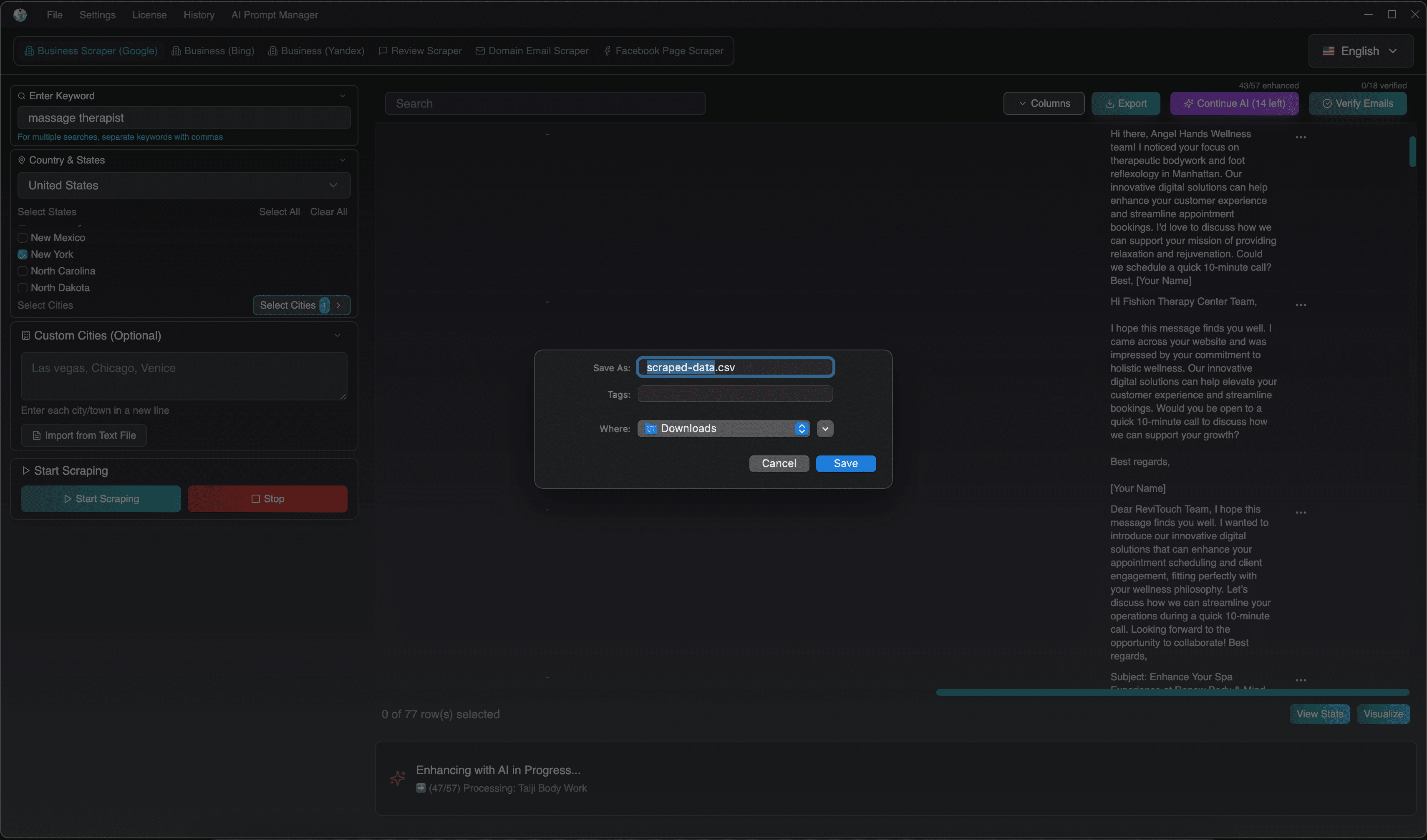 Export dialog