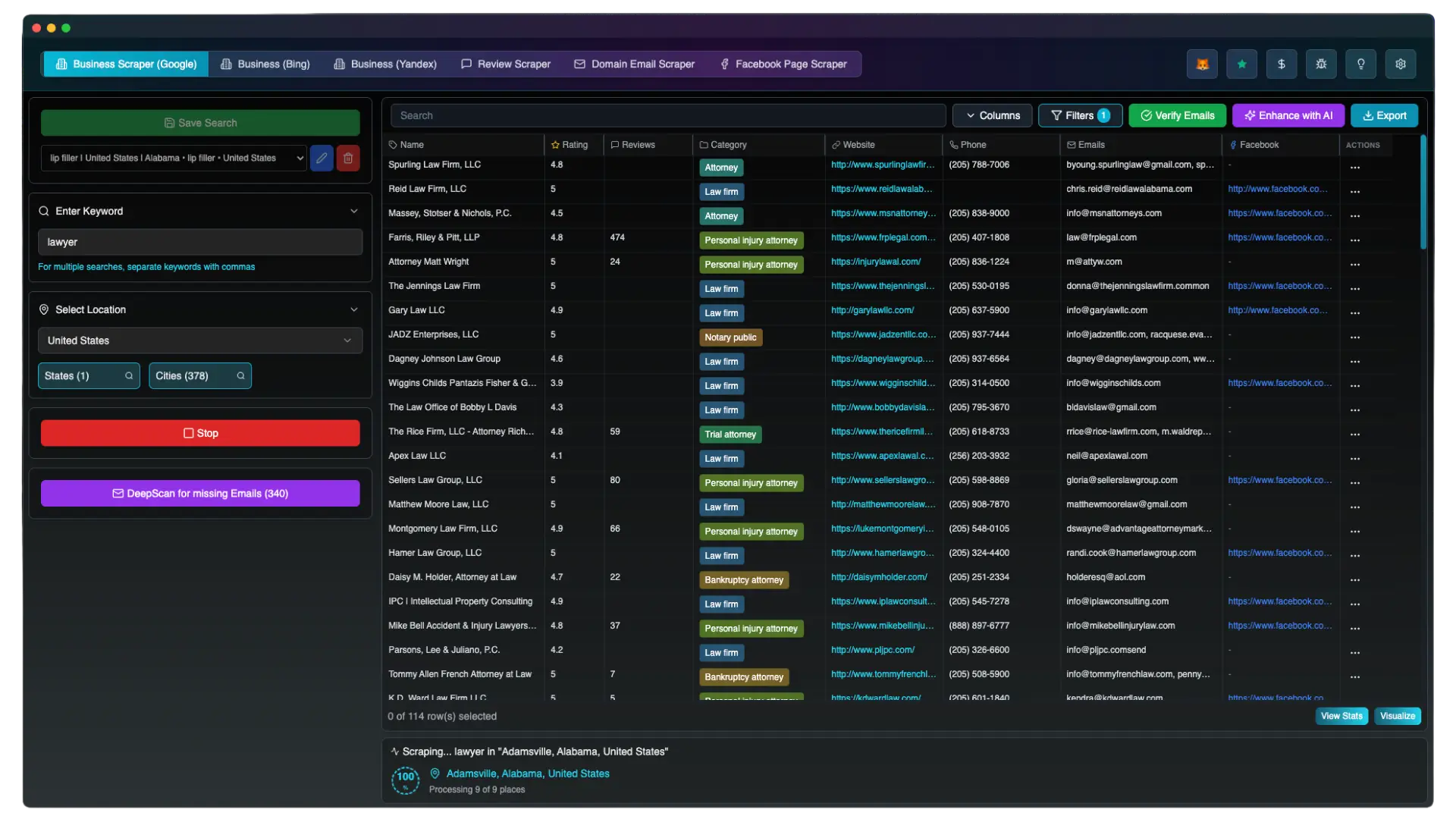 ScrapeTheMap desktop app showing scraped business data, filters, and export tools.
